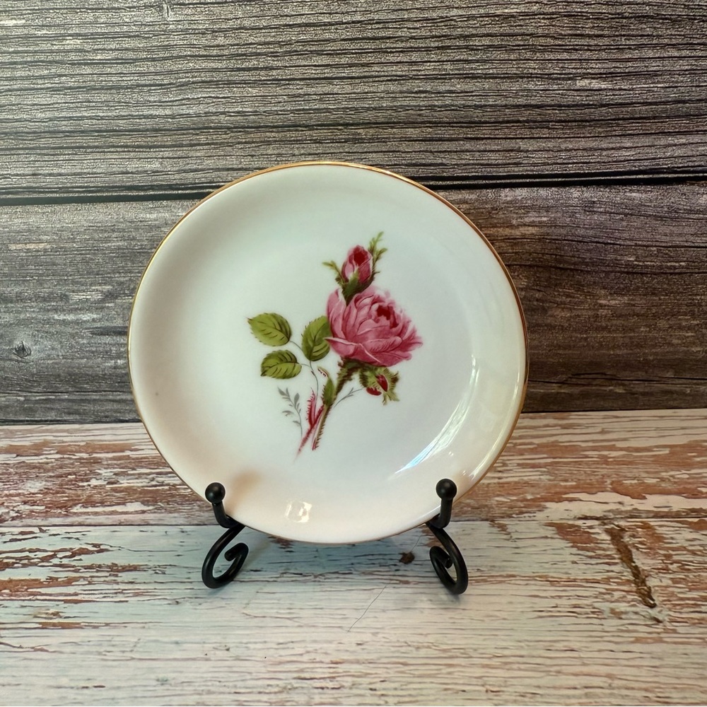 Vintage butter pat 4" pink rose Bavaria Made in Germany comes with stand